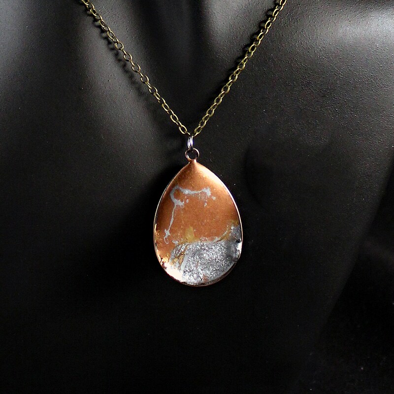 Gold and Silver Resin in a Copper Drop Shaped Pendant Necklace